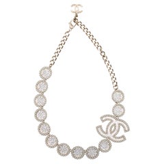 White Gold Chanel Plated Faux Pearl & Crystal CC Necklace
