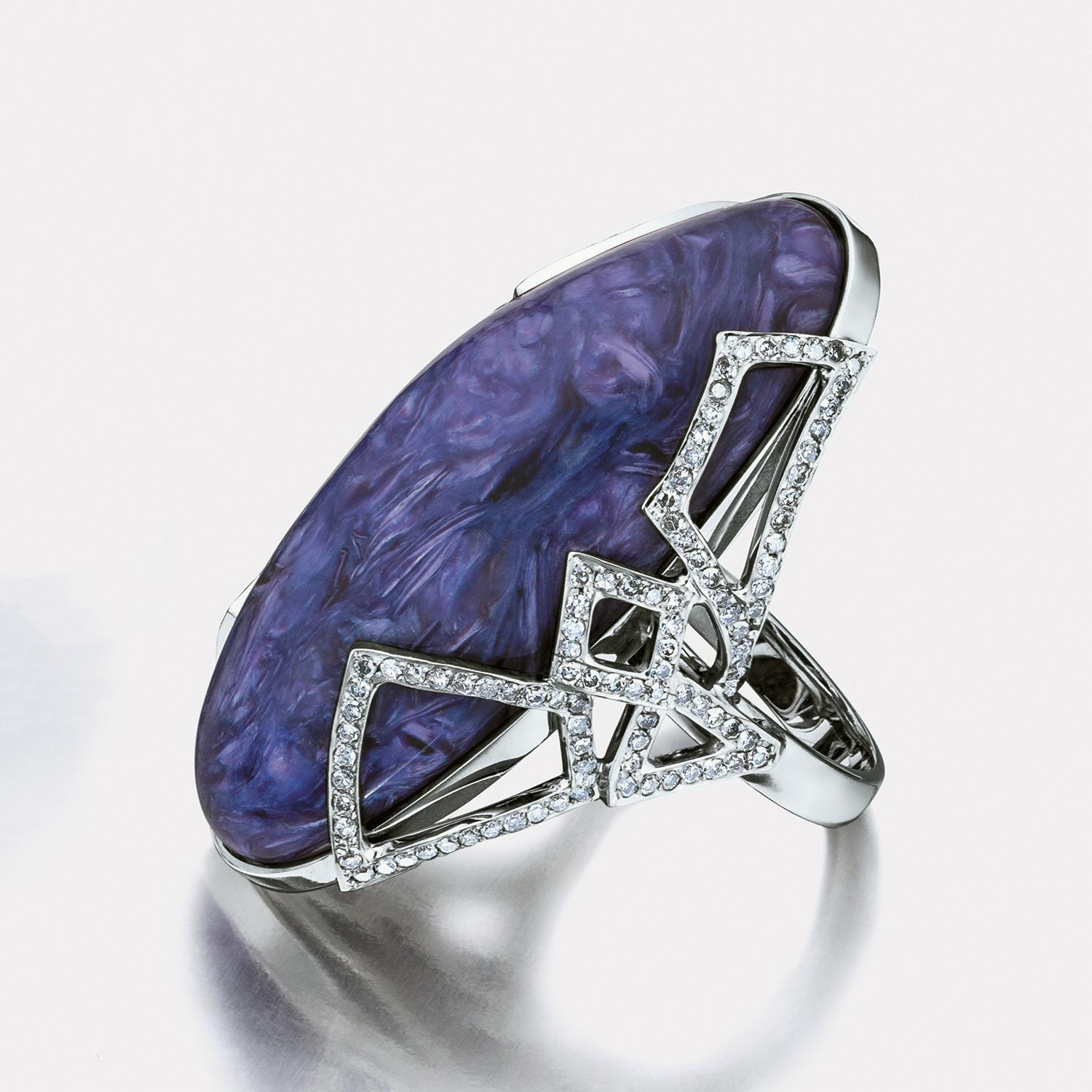 Cabochon Ring White Gold Charoite Diamond Statement Cocktail ring For Sale