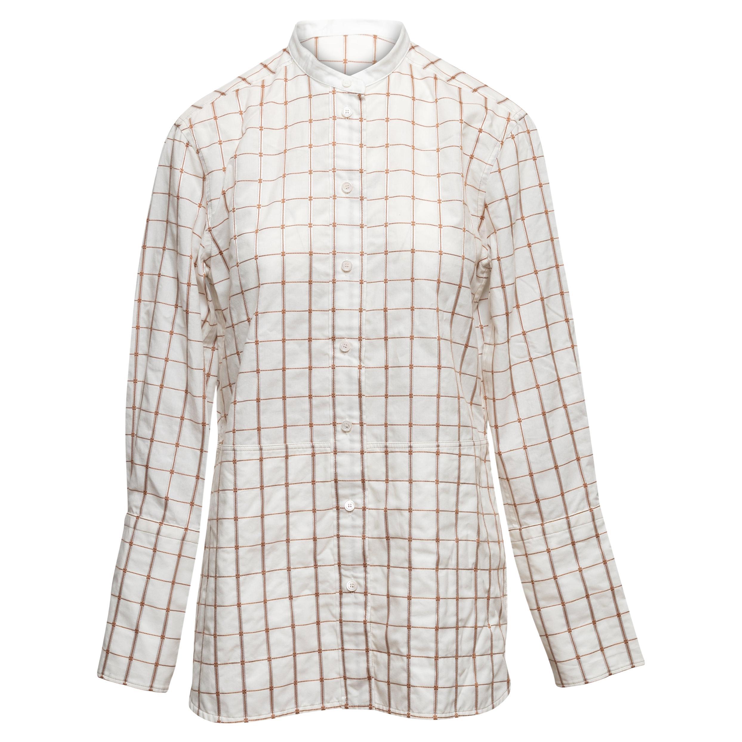 White & Gold Chloe Grid Print Button-Up Top Size FR 40 For Sale
