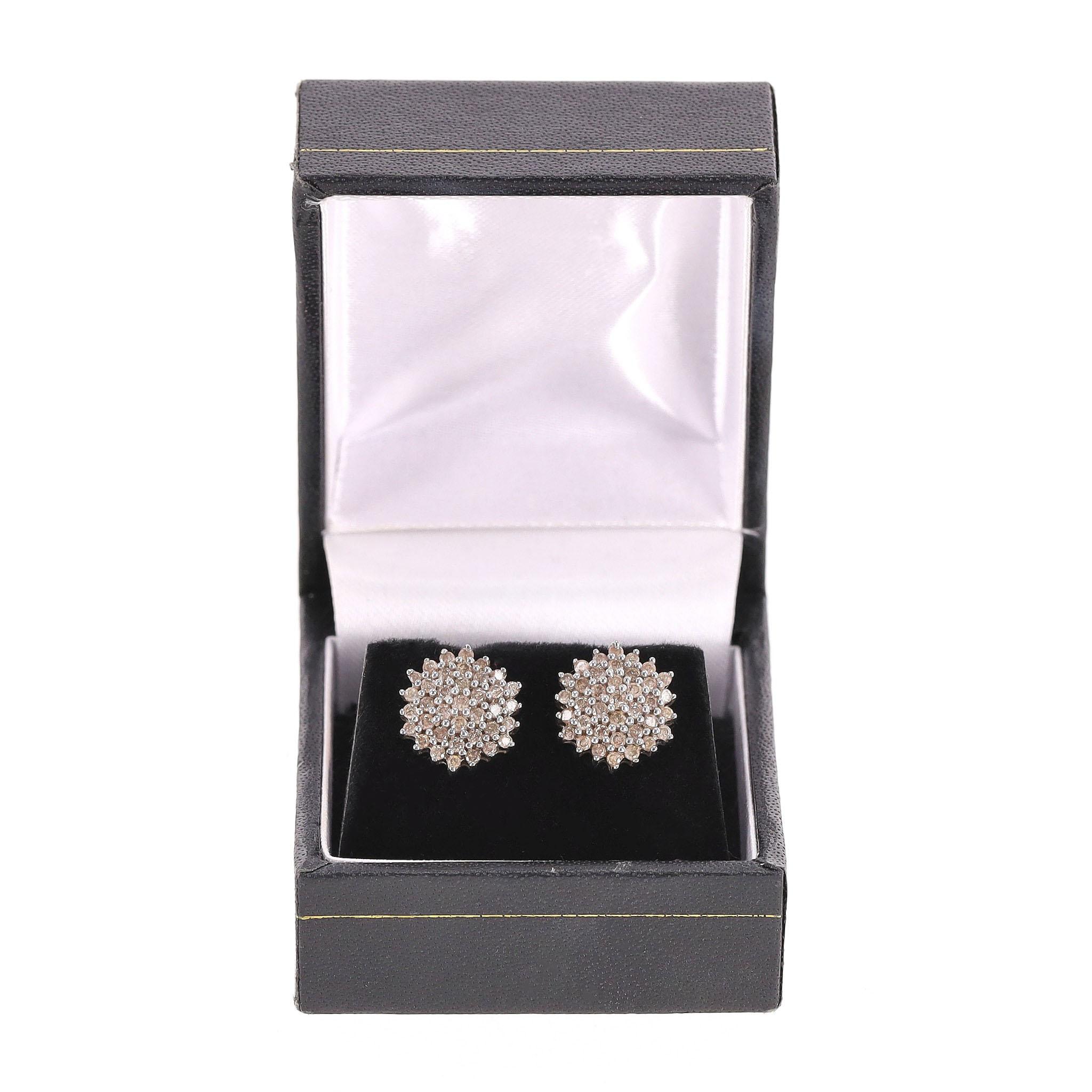 White Gold & Chocolate Diamond Cluster Earrings For Sale 2