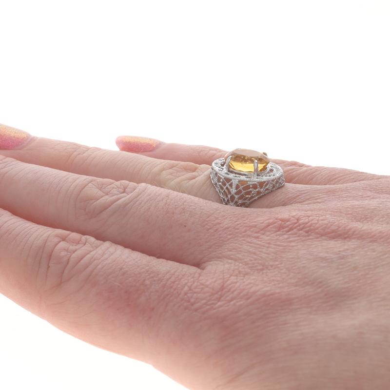 White Gold Citrine Art Deco Style Cocktail Solitaire Ring - 10k Oval Filligree In Excellent Condition For Sale In Greensboro, NC