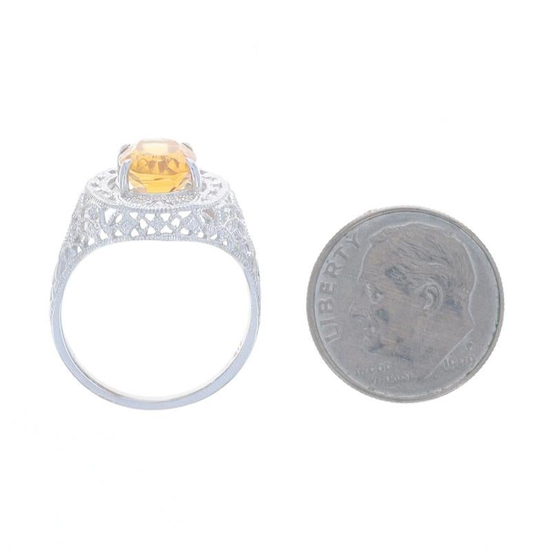 Women's White Gold Citrine Art Deco Style Cocktail Solitaire Ring - 10k Oval Filligree For Sale