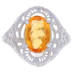 White Gold Citrine Art Deco Style Cocktail Solitaire Ring - 10k Oval Filligree
