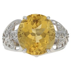 White Gold Citrine & Diamond Ring, 14k Oval Cut 6.56ctw Flowers