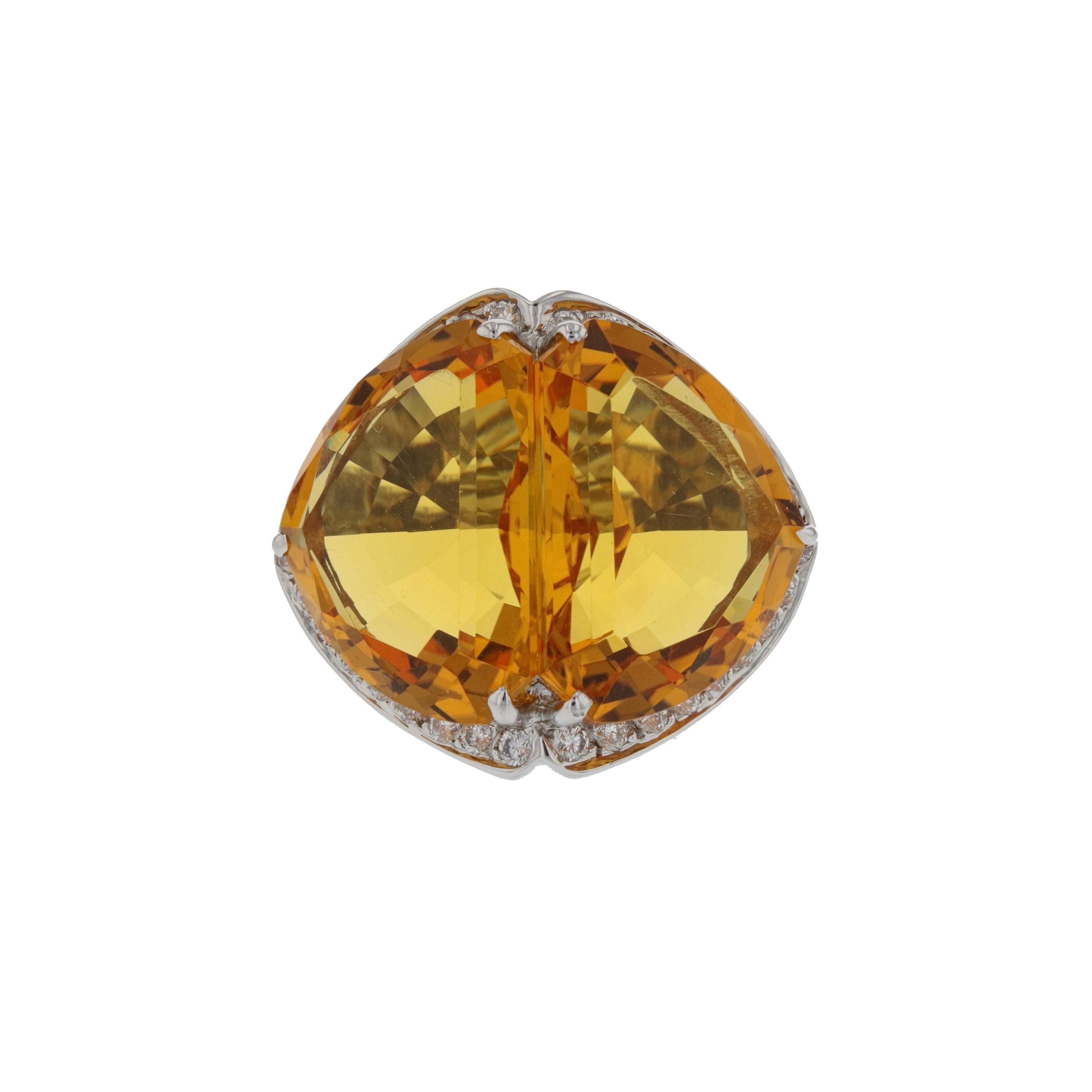 Trillion Citrine and Diamond Ring in 18K White Gold For Sale