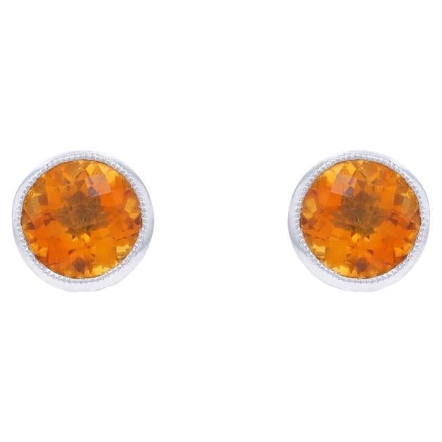 White Gold Citrine Stud Earrings - 14k Round Checkerboard 1.40ctw Pierced For Sale