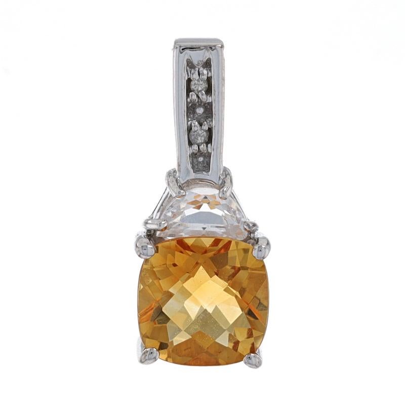 Metal Content: 10k White Gold

Stone Information
Natural Citrine
Treatment: Heating
Carat(s): 1.15ct
Cut: Cushion
Color: Yellow

Natural Topaz
Carat(s): .20ct
Cut: Half Moon
Color: White

Natural Diamonds
Cut: Single
Stone Note: (two small