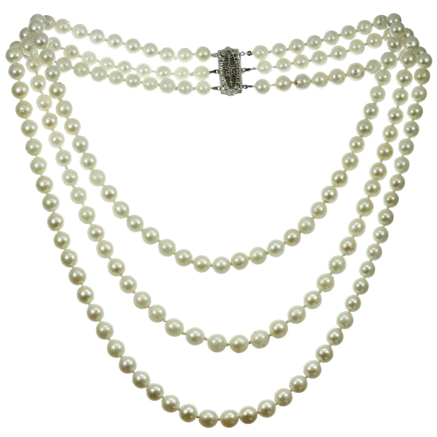 White Gold Clasp Three-Row Cultured Pearl Necklace For Sale