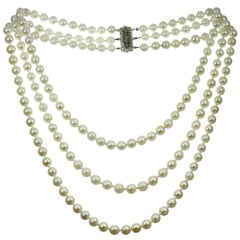 White Gold Clasp Three-Row Cultured Pearl Necklace
