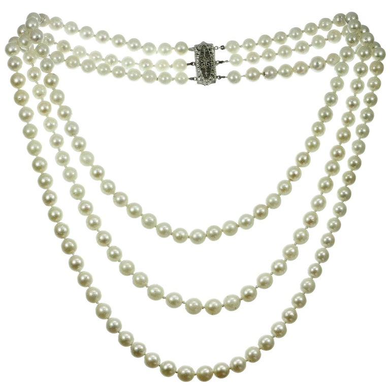 White Gold Clasp Three-Row Cultured Pearl Necklace For Sale at 1stDibs |  triple row pearl necklace, three row pearl choker, 3 row pearl choker