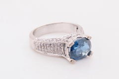 3.71 Carat Oval Blue Sapphire Diamond Cocktail Ring in 18K White Gold