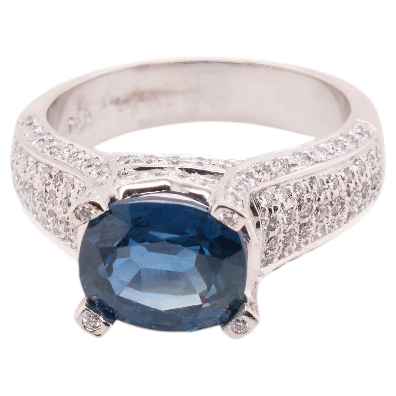 3.71 Carat Oval Blue Sapphire Diamond Cocktail Ring in 18K White Gold