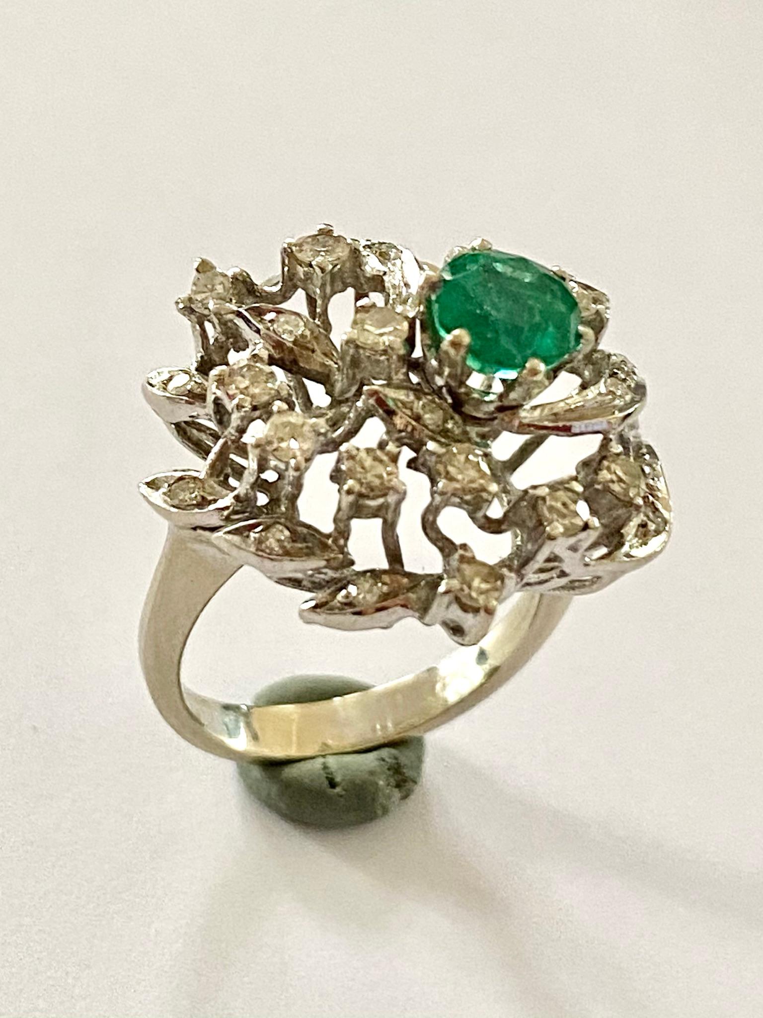 Single Cut White Gold Cocktail Ring, Emerald and Diamonds, Germany, 1960