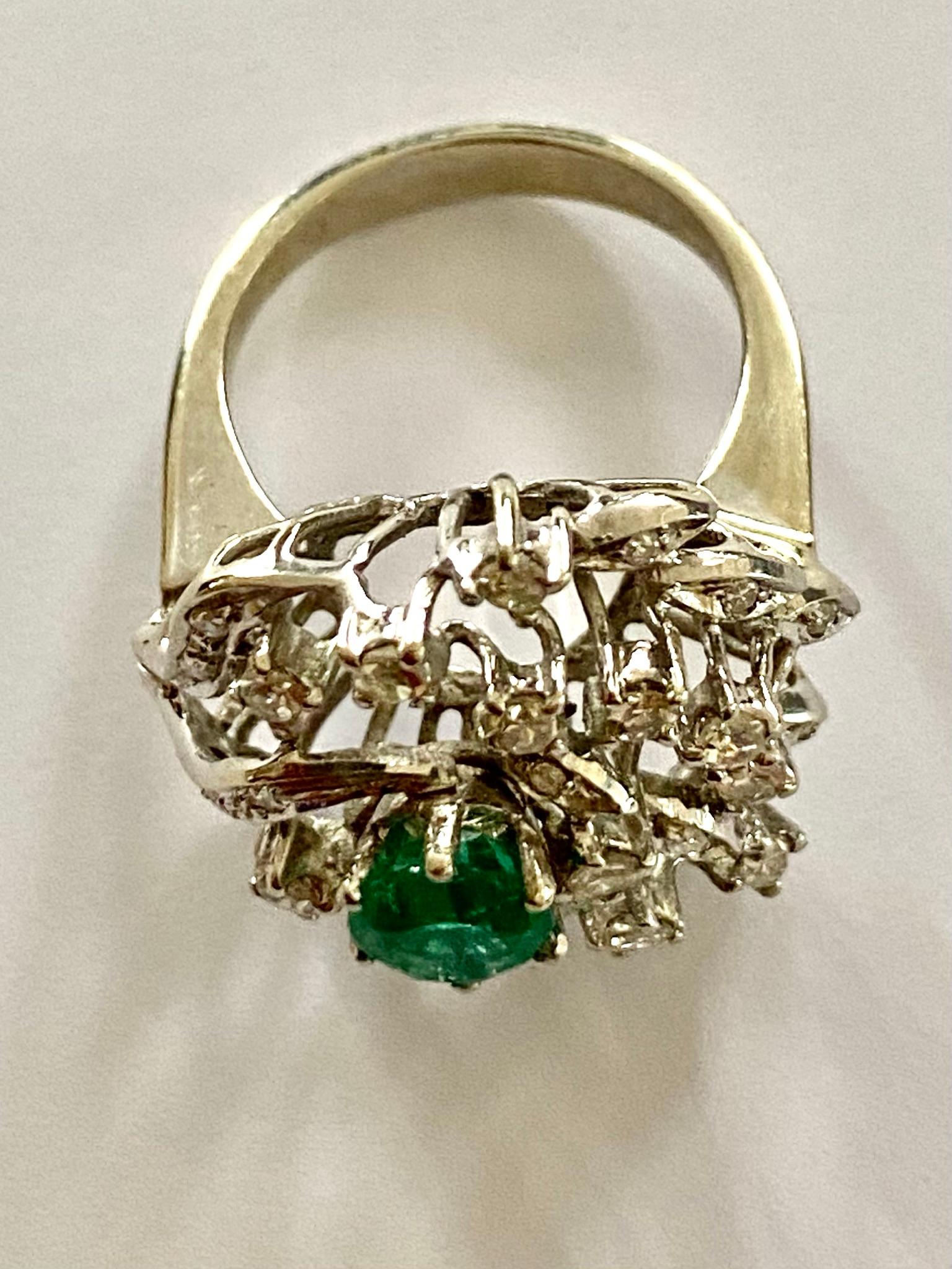 Women's White Gold Cocktail Ring, Emerald and Diamonds, Germany, 1960
