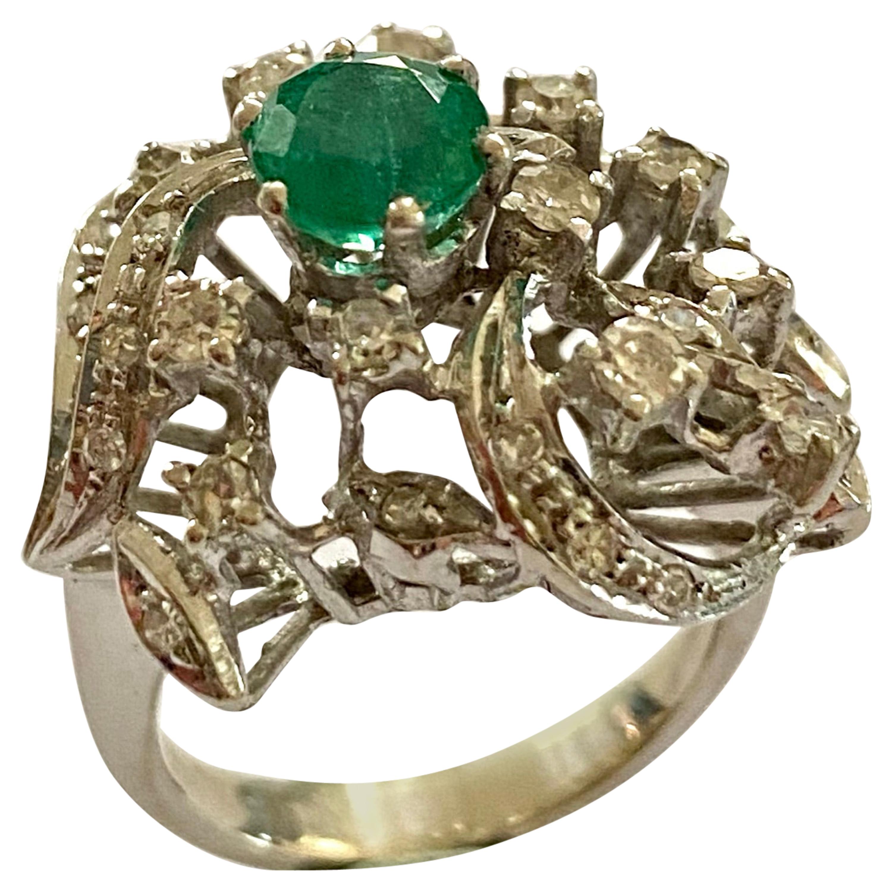 White Gold Cocktail Ring, Emerald and Diamonds, Germany, 1960