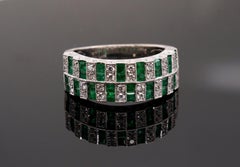 White Gold Cocktail Ring - Emerald Checkerboard Wide Band Ring