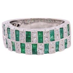 White Gold Cocktail Ring - Emerald Checkerboard Wide Band Ring