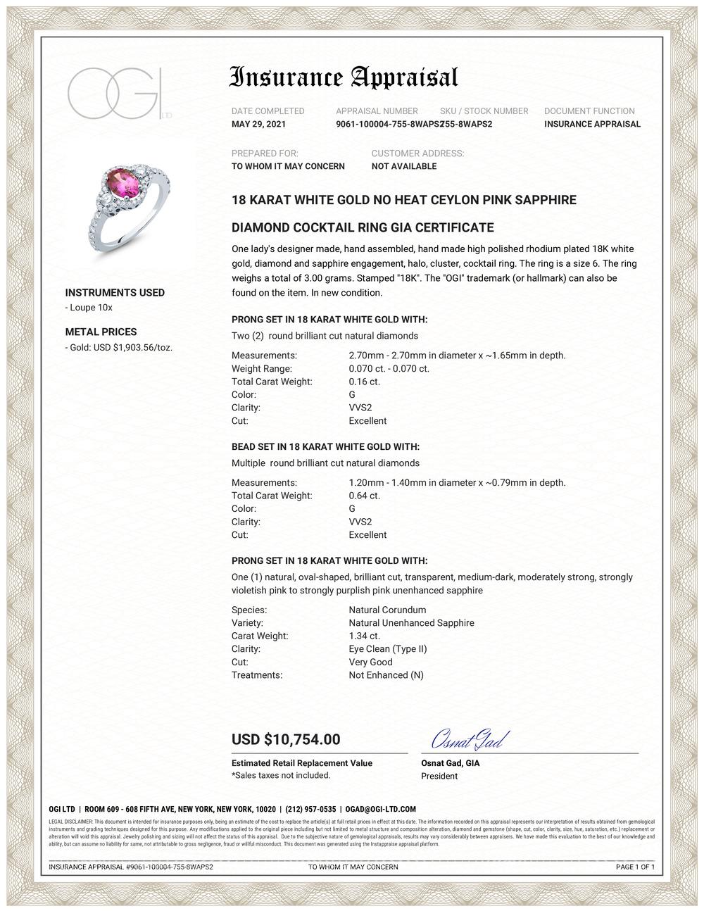 Contemporary GIA Certified No Heat Ceylon Pink Sapphire Diamond 2.14 Carat 18 Karat Ring   For Sale