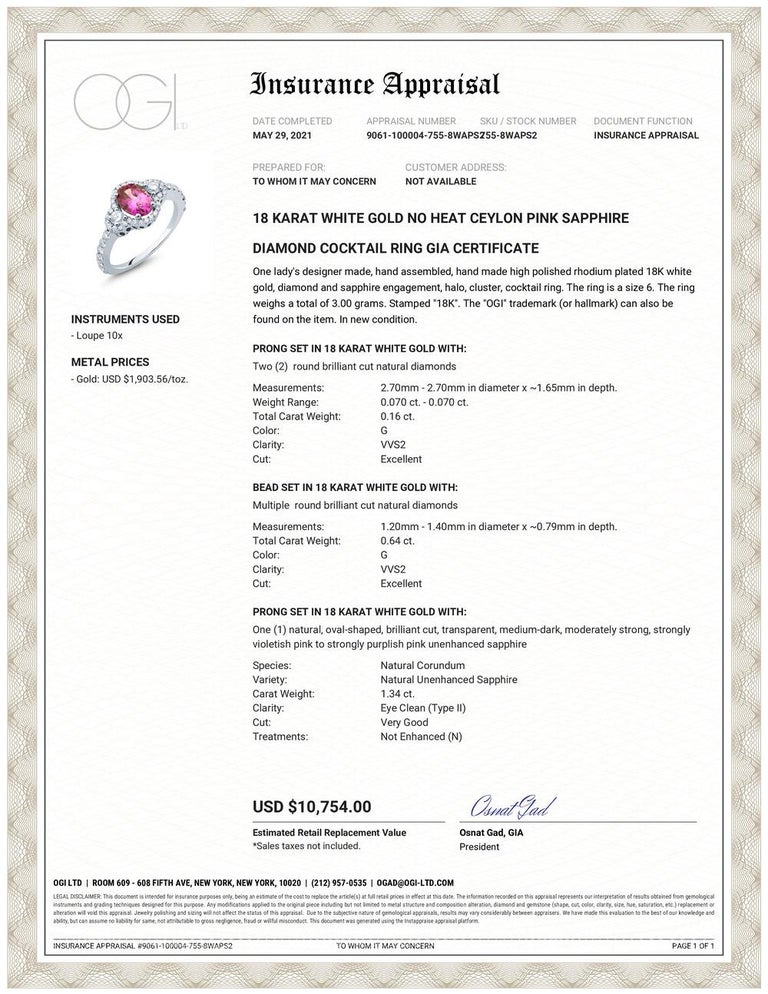 Contemporary White Gold Cocktail Ring No Heat Ceylon Pink Sapphire Diamond GIA Certificate For Sale