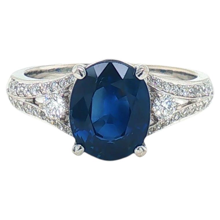 GIA Certified 2.78 Carat Oval Blue Sapphire Dia 18K White Gold Engagement Ring
