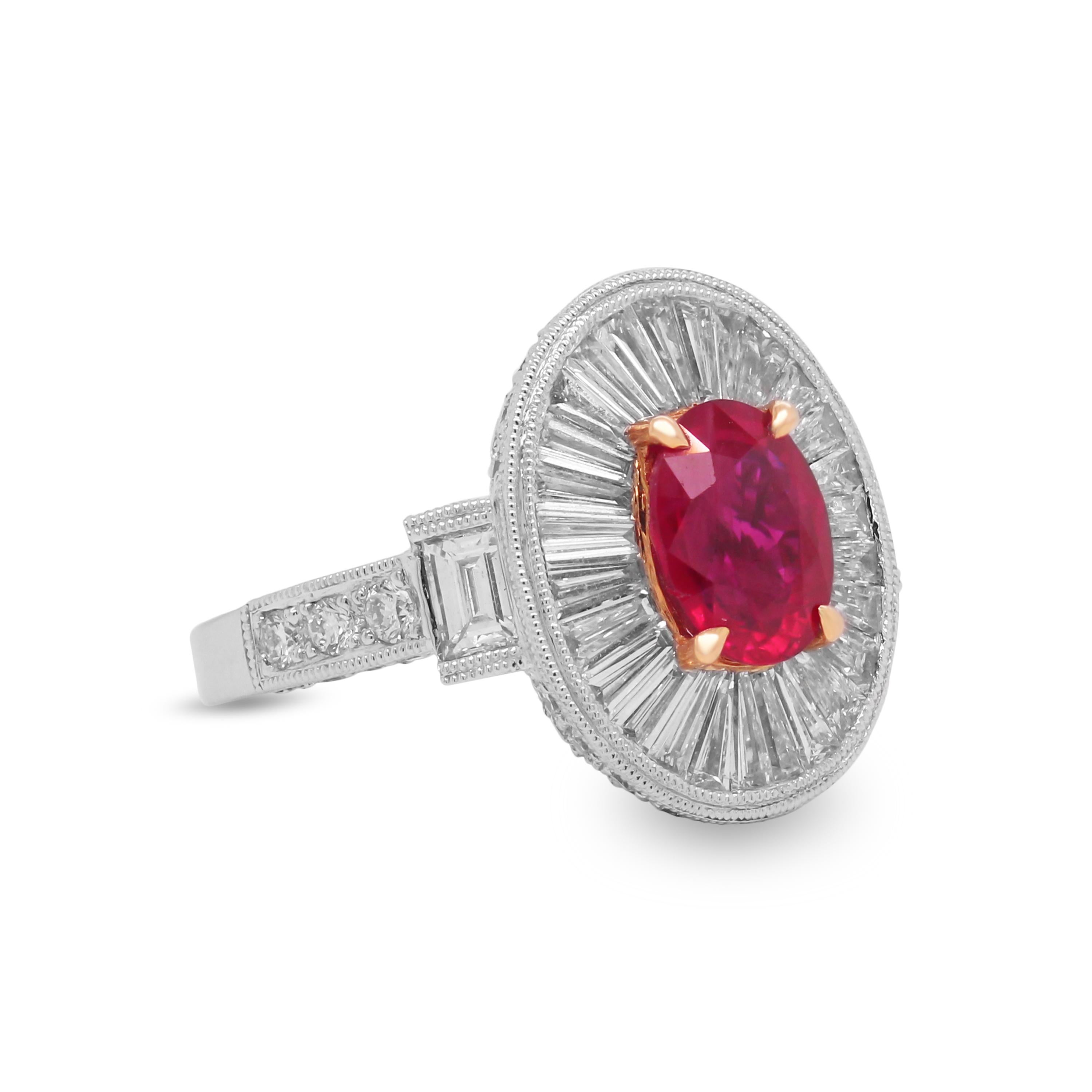 18K White Gold Oval Cocktail Ring with Baguette and Round Diamonds and Oval Cut 1.72 Carat Ruby Center

This handmade ring features an oval cut, Ruby center with tapered baguette diamonds surrounding along with round diamonds.
 
1.72 carat oval cut,