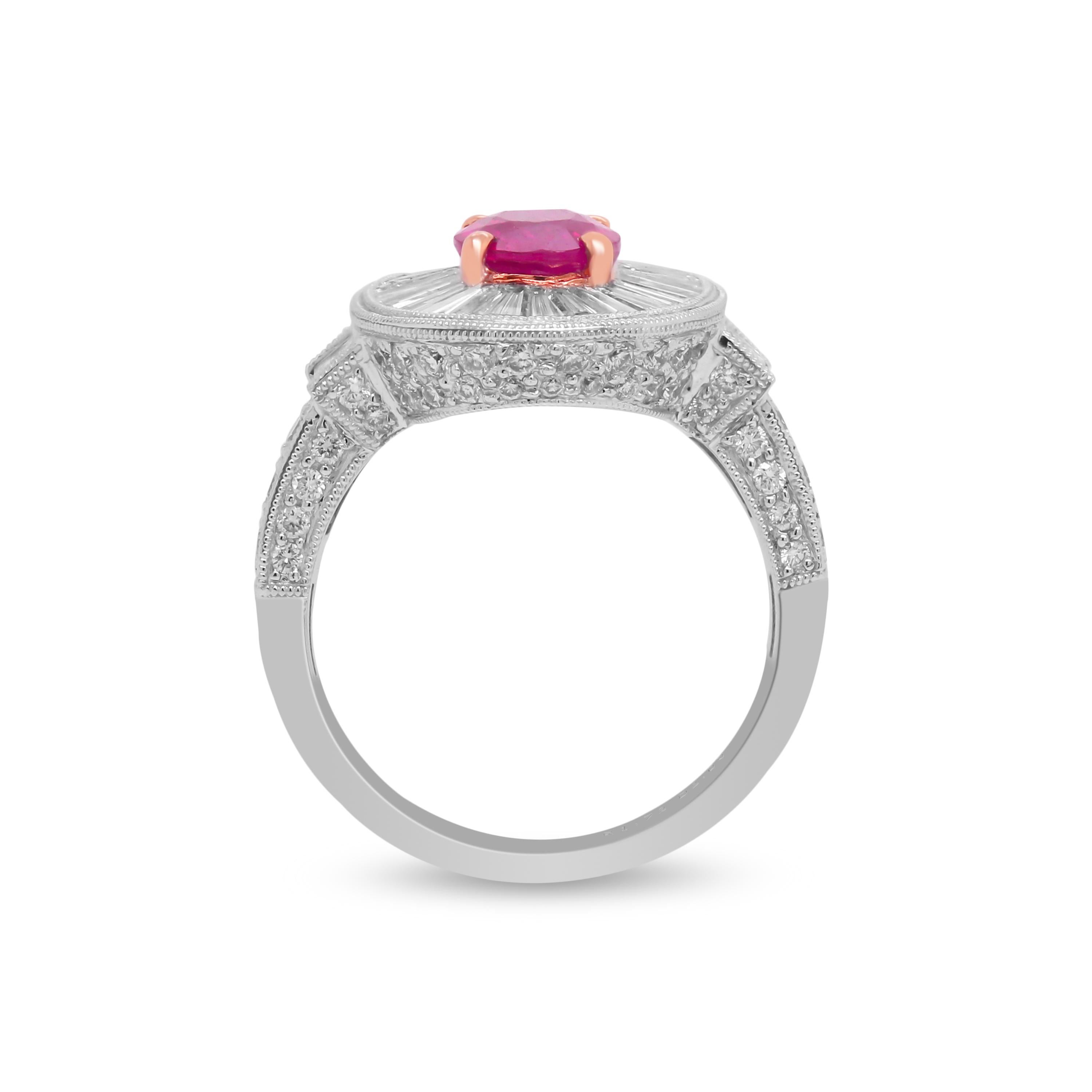 Oval Cut White Gold Cocktail Ring with Baguette and Round Diamonds and Ruby Center For Sale