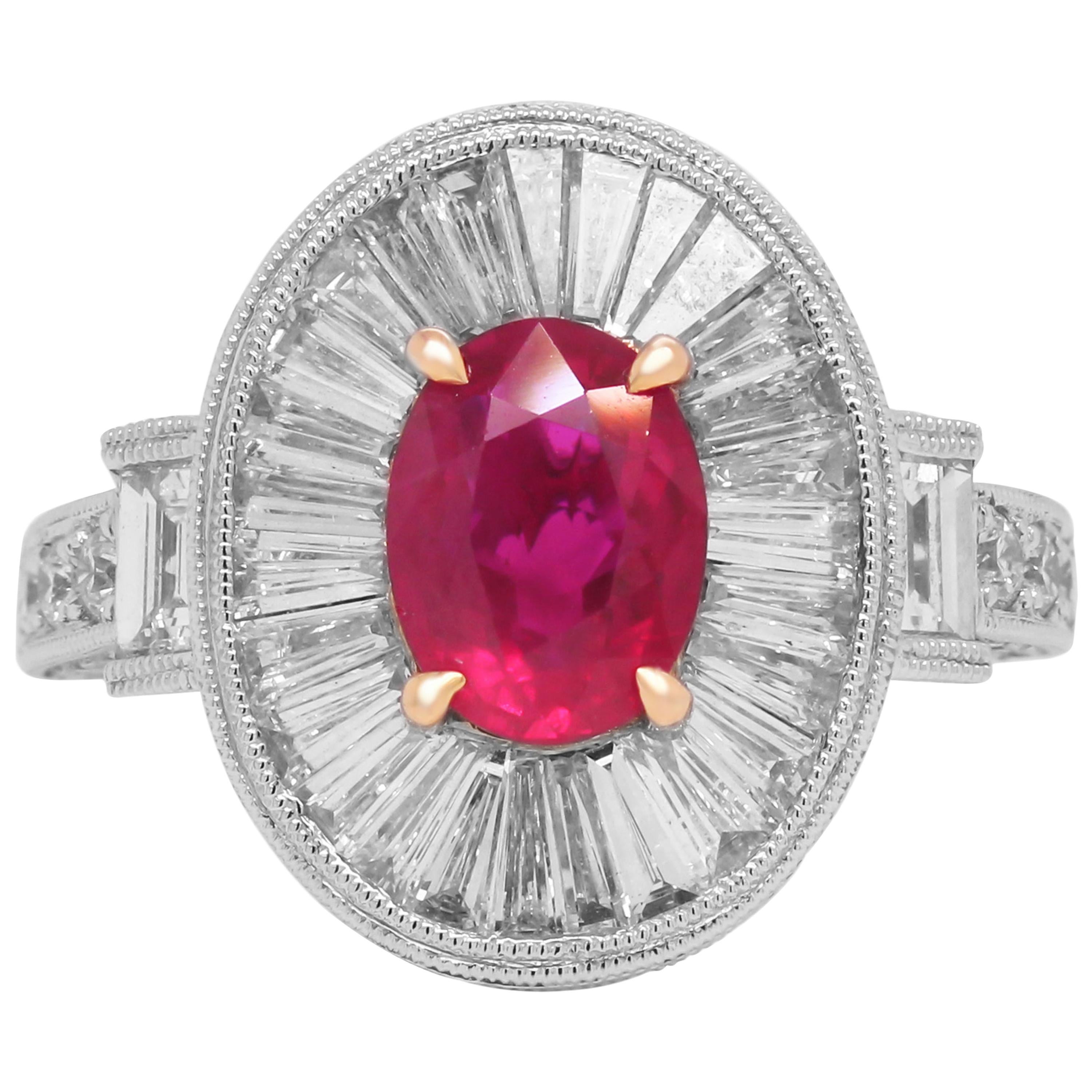 White Gold Cocktail Ring with Baguette and Round Diamonds and Ruby Center
