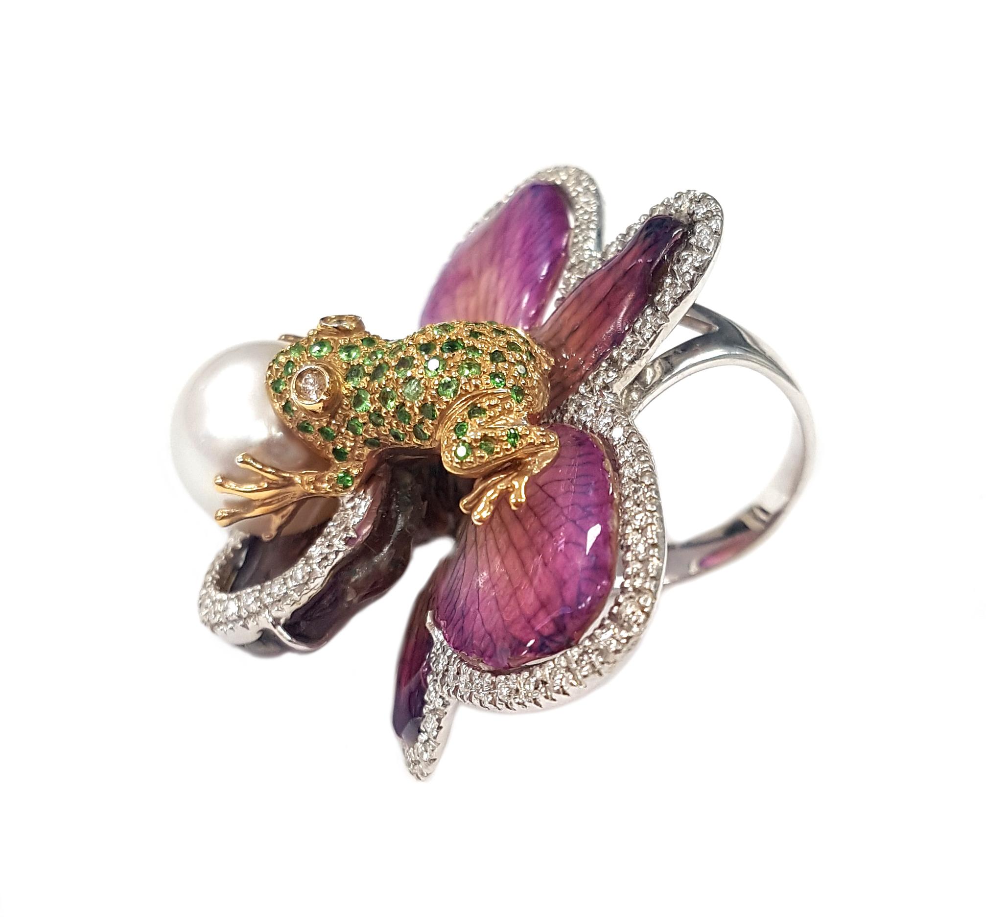 Contemporary White Gold Cocktail Ring with Orchid and Frog