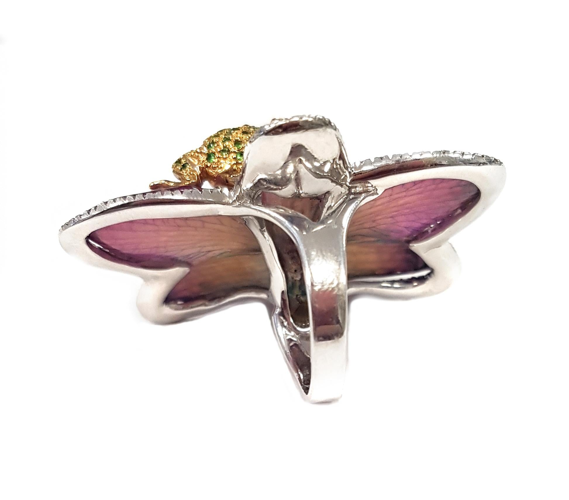 Round Cut White Gold Cocktail Ring with Orchid and Frog