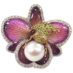 White Gold Cocktail Ring with Orchid and Frog