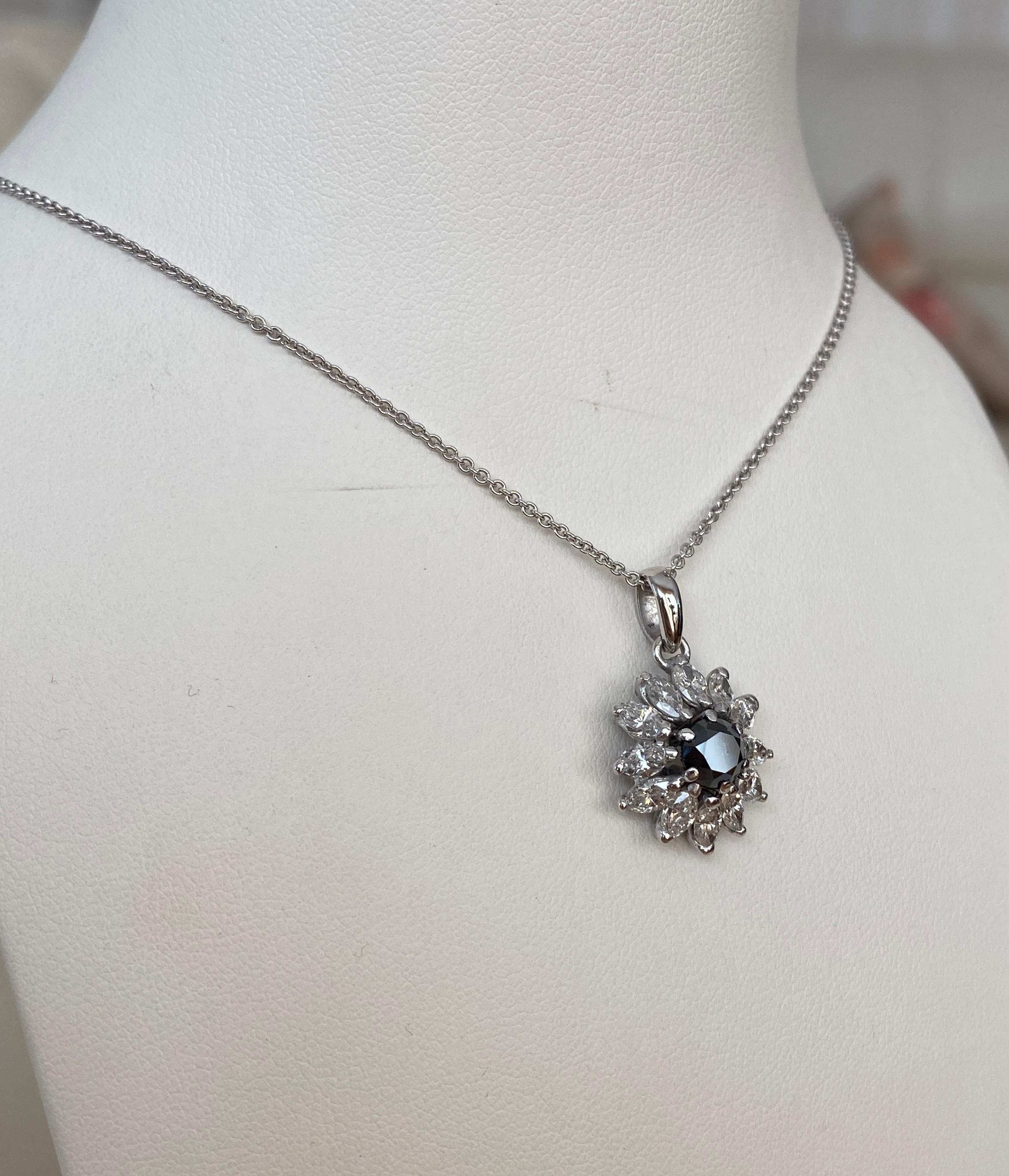 Marquise Cut White gold collier flower pendant with 2.80 caraat white and black diamonds For Sale