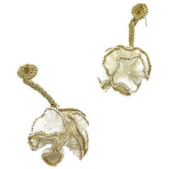 White Gold Color Thread Flower Contemporary Art Jewelry Modern Drop Earrings