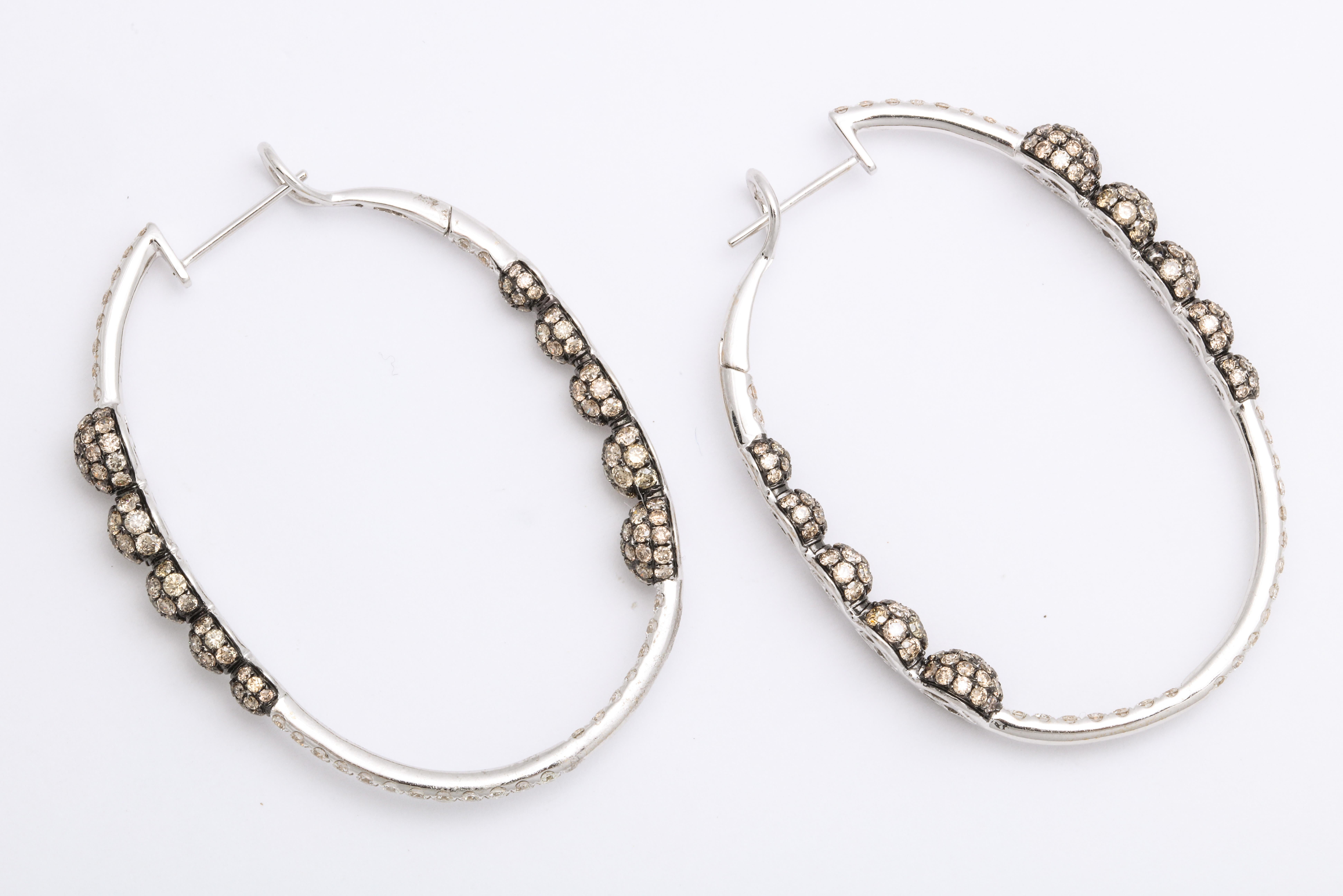 Contemporary White Gold, Colorless and Cognac Diamond Hoop Earrings For Sale