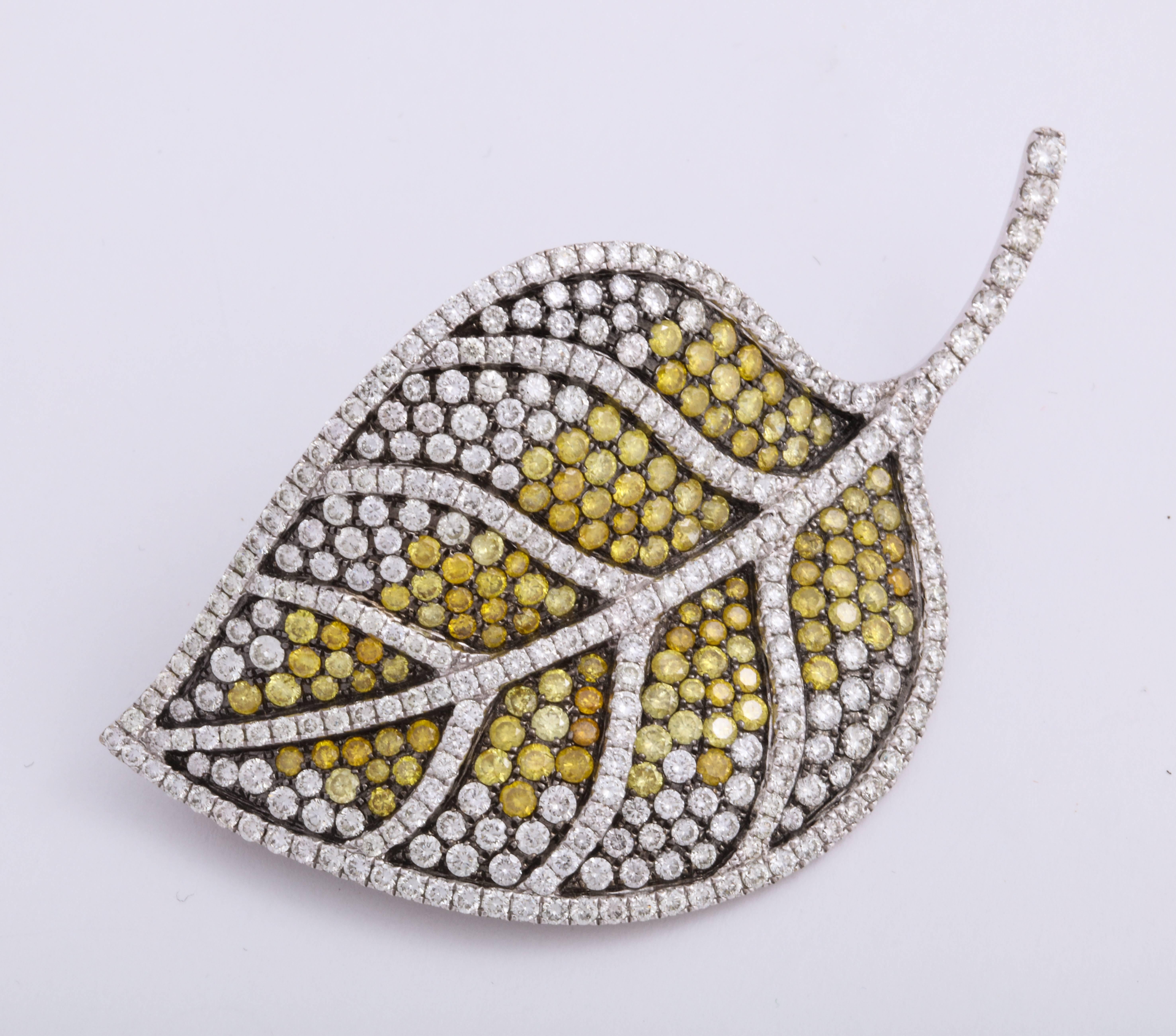 Contemporary White Gold, Colorless and Multi-Color Yellow Diamond Leaf Brooch For Sale
