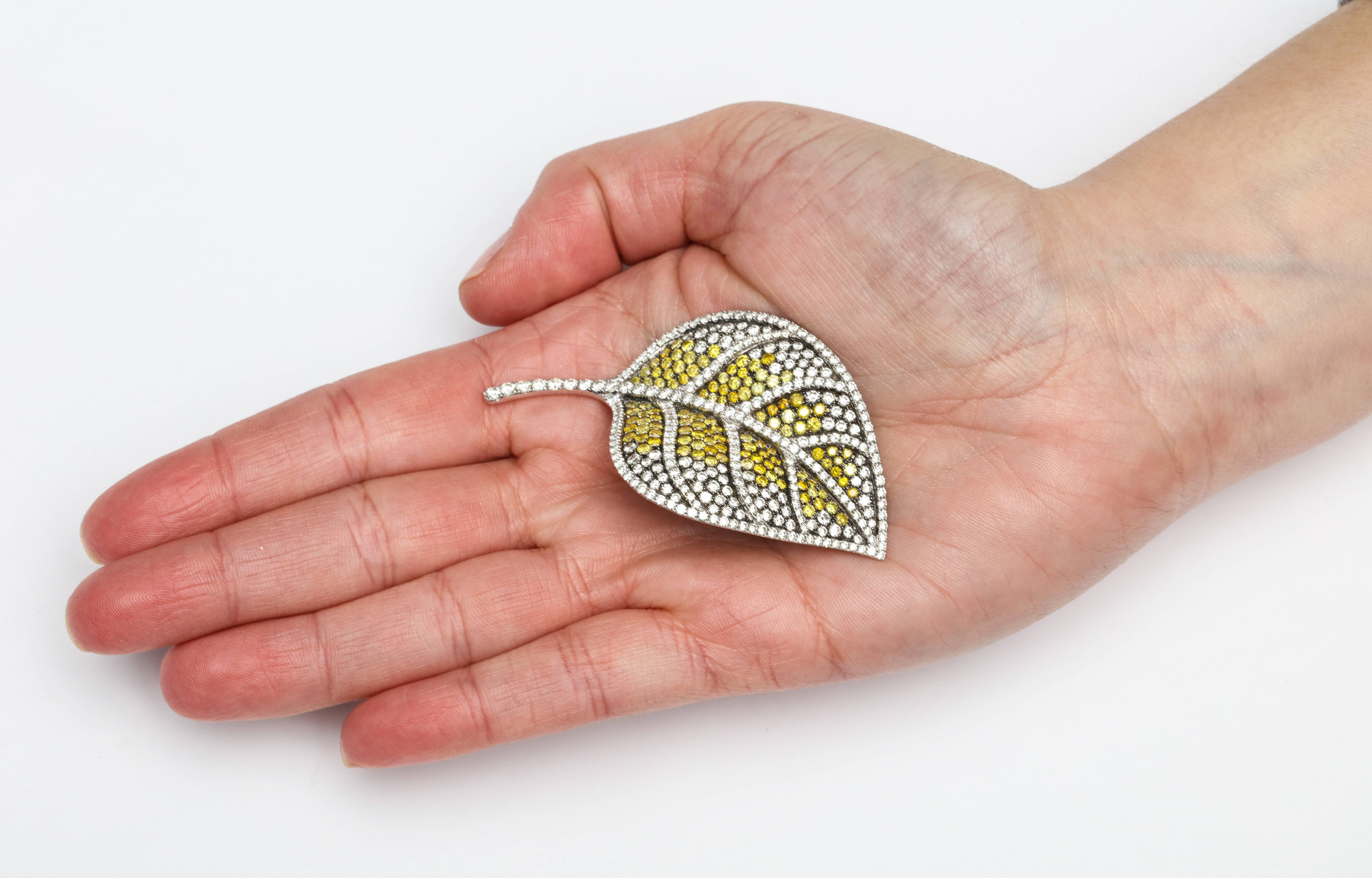 White Gold, Colorless and Multi-Color Yellow Diamond Leaf Brooch In New Condition For Sale In New York, NY