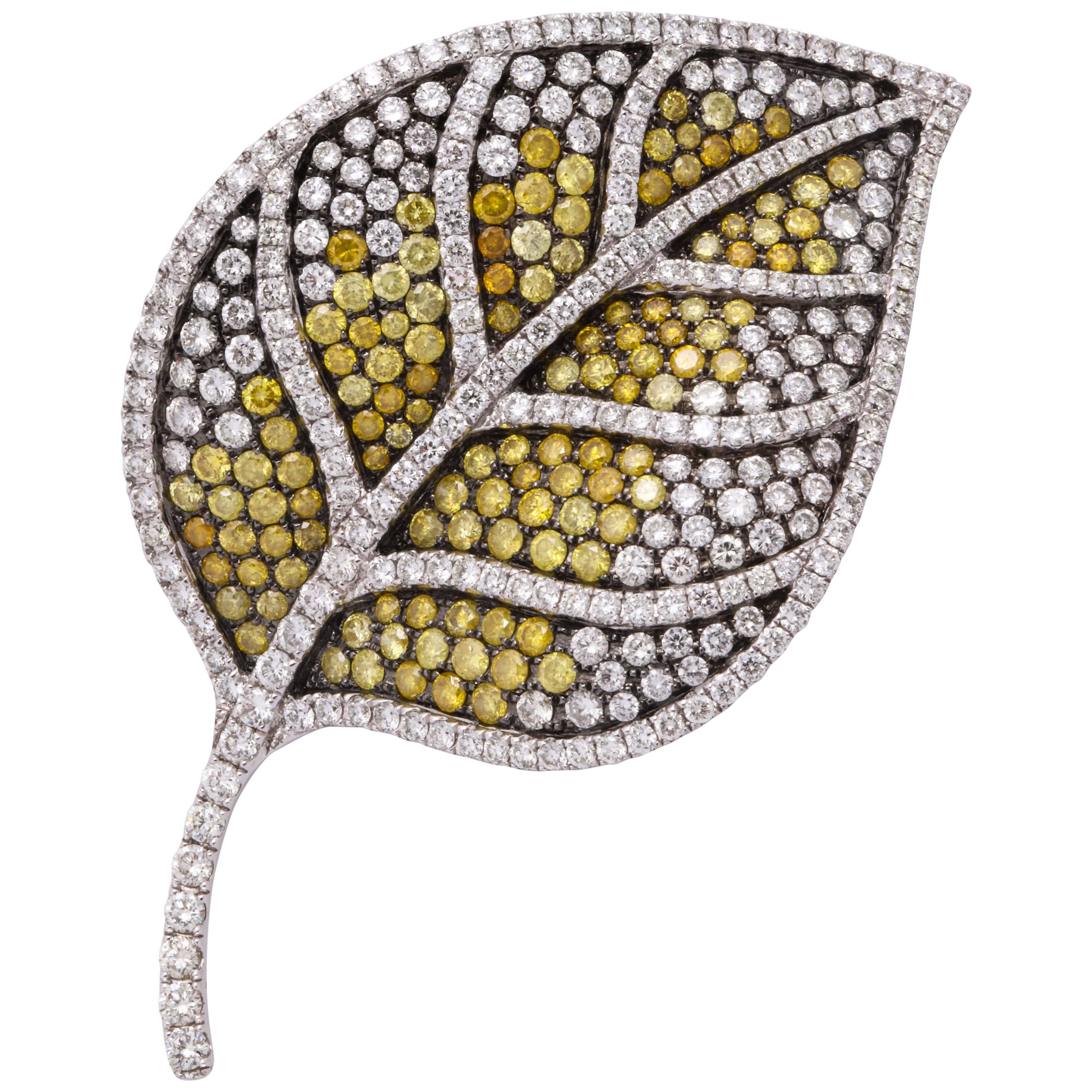 White Gold, Colorless and Multi-Color Yellow Diamond Leaf Brooch For Sale