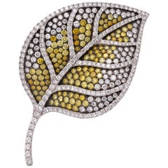 White Gold, Colorless and Multi-Color Yellow Diamond Leaf Brooch