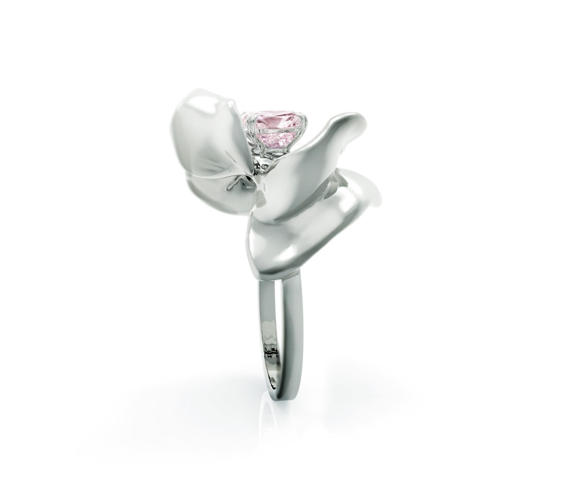 This Magnolia Flower contemporary cocktail ring is in 14 karat white gold with purple cushion spinel (1.34 carats). The tender water-surface of the spinel multiplies the light, mirroring on the golden petals. The weight is about 8.5 gr.

The piece