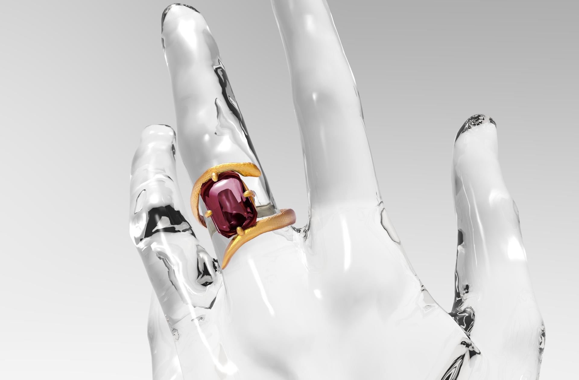 This contemporary Serpent ring is in 18 karat white gold with natural raspberry pink tourmaline, 4.28 carats, 10,5x8,2mm. It belongs to Mesopotamian collection. This ring will be custom made in any size. 

This ring can be ordered with sapphire,