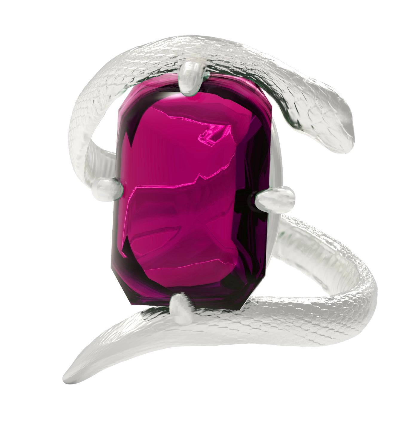 Octagon Cut White Gold Contemporary Serpent Ring with Natural Raspberry Pink Tourmaline For Sale