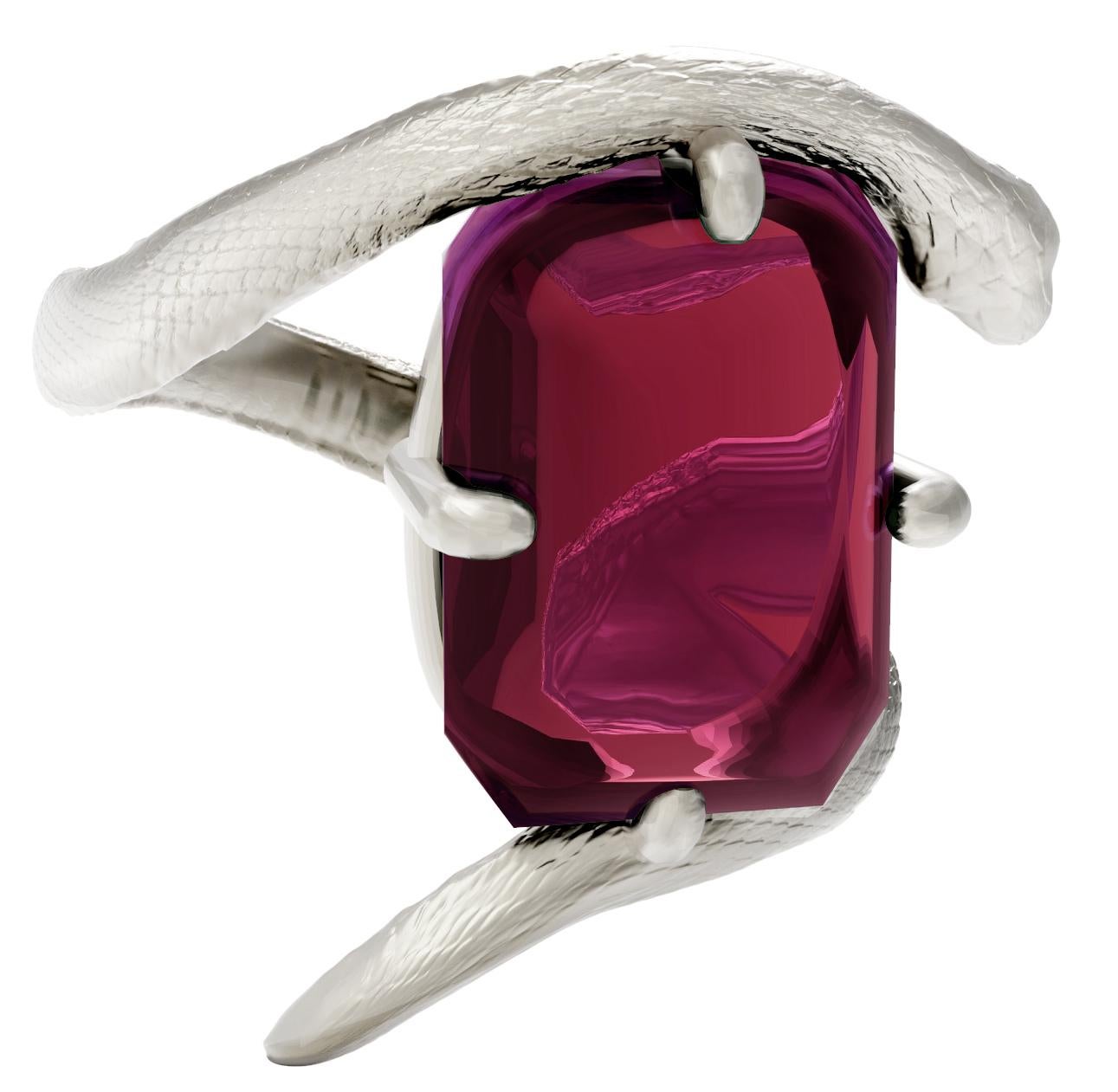 White Gold Contemporary Pinky Ring with Natural Raspberry Pink Tourmaline For Sale 1