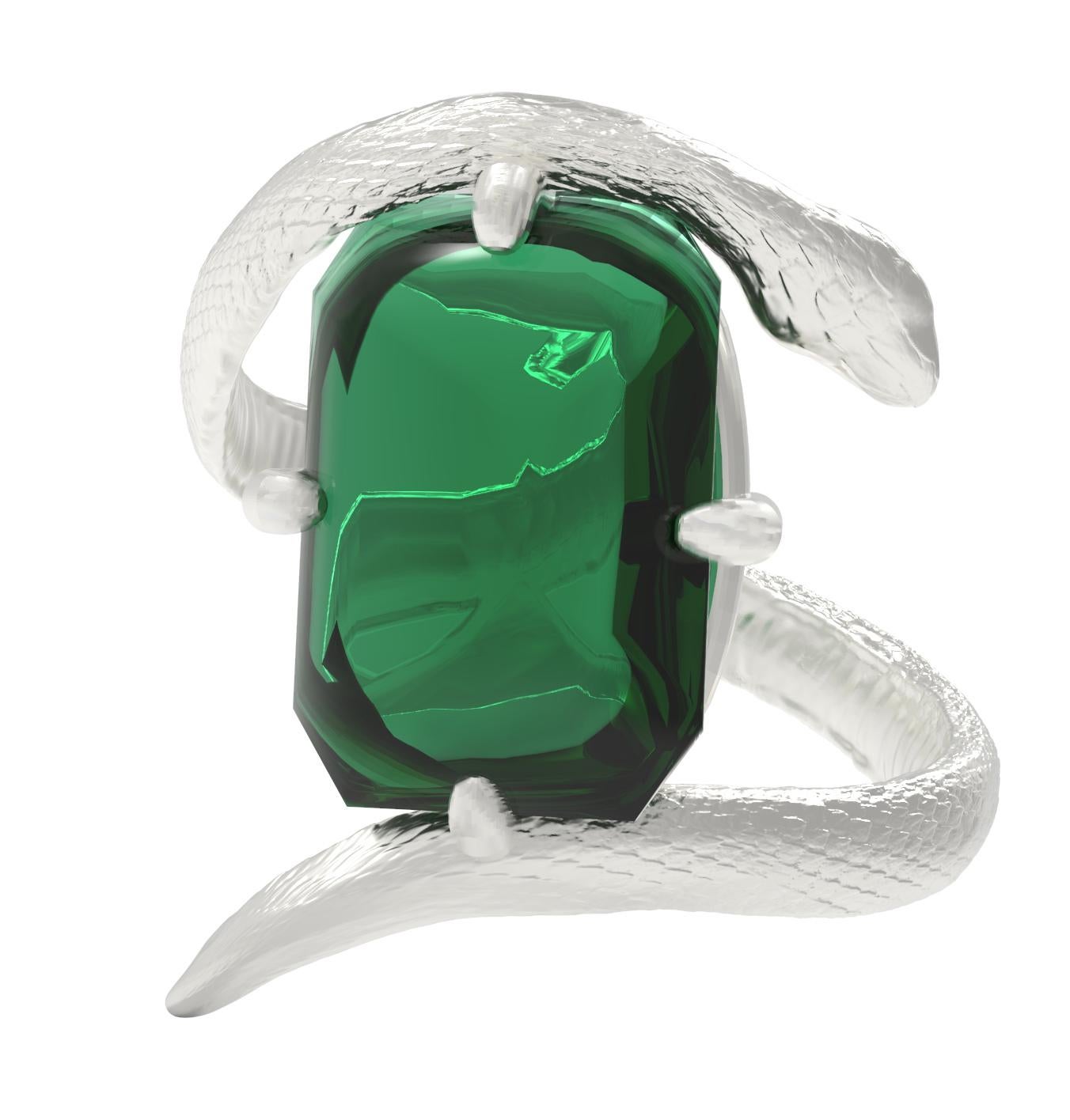 Contemporary Eighteen Karat White Gold Serpent Ring with Natural Green Tourmaline For Sale