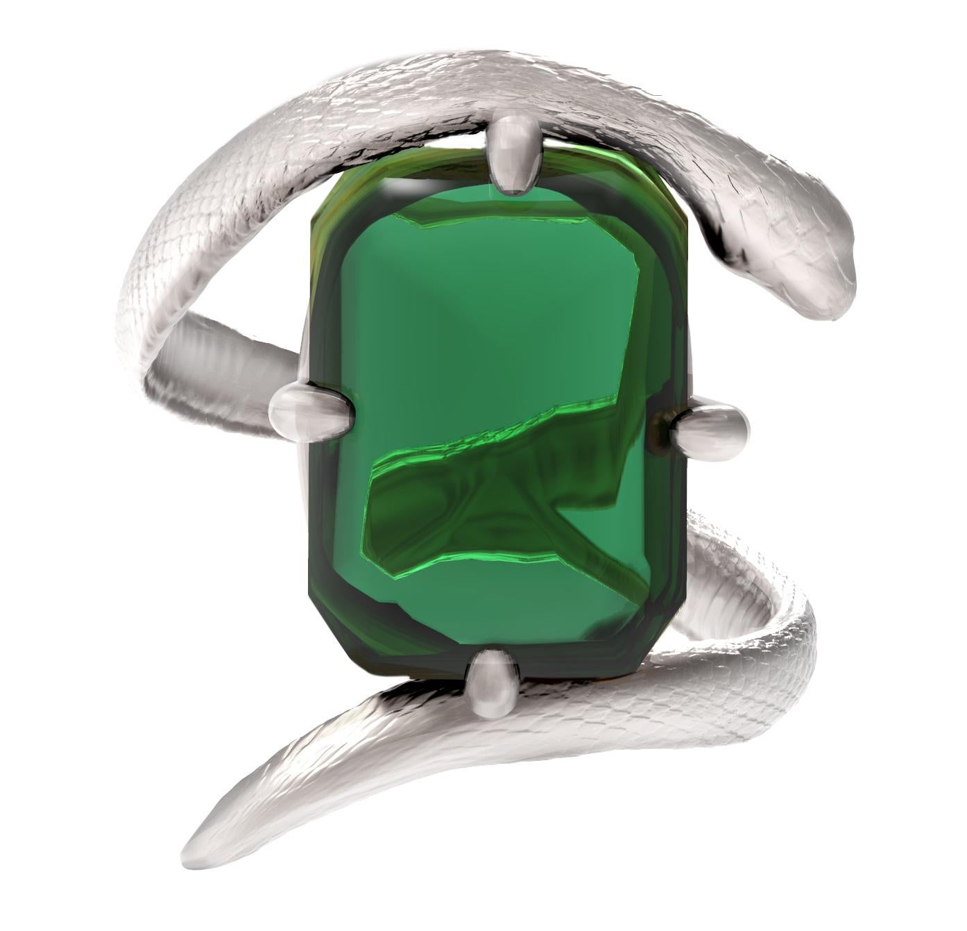 Octagon Cut Eighteen Karat White Gold Snake Pinky Ring with Natural Green Tourmaline For Sale