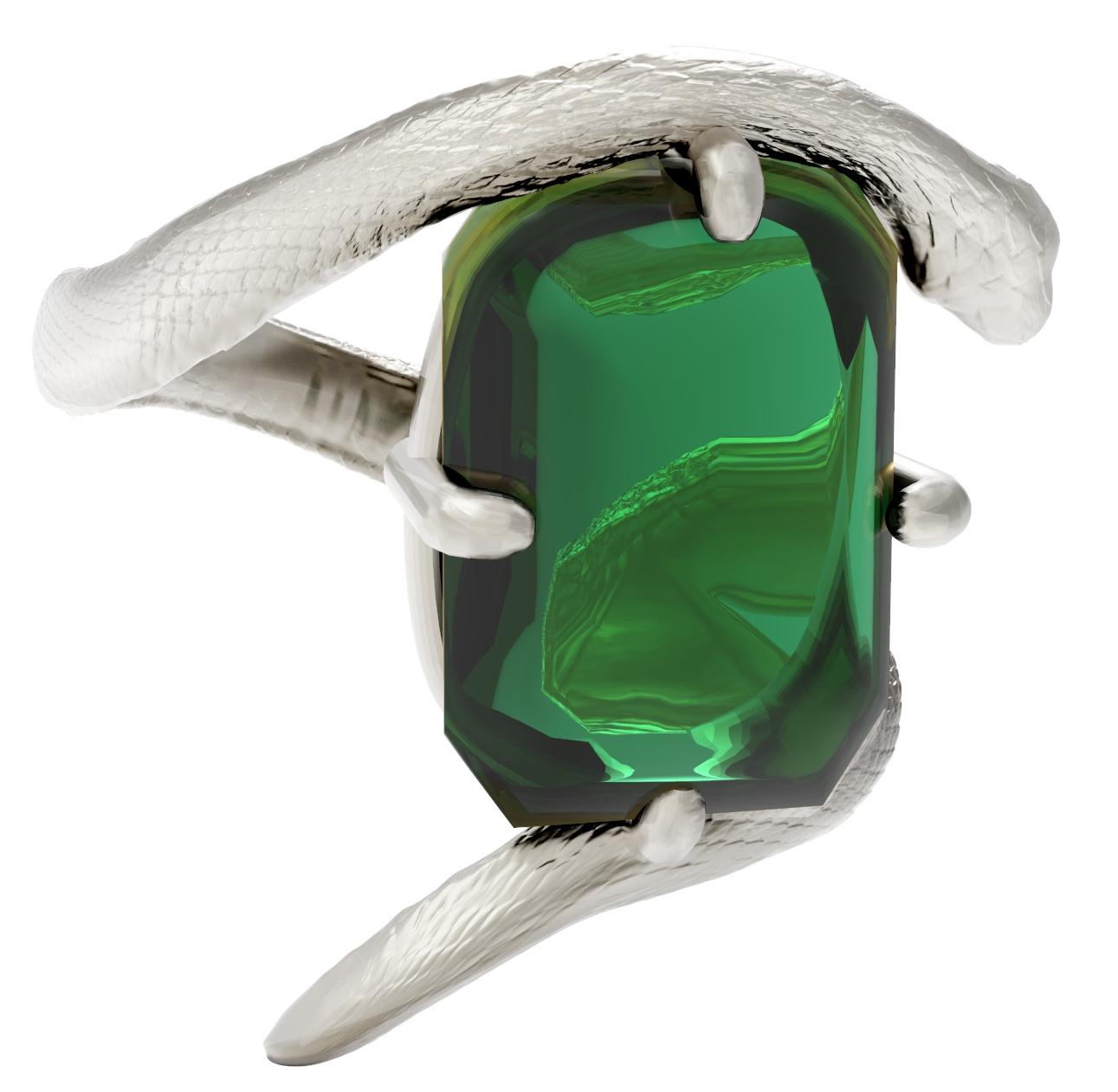 Women's or Men's White Gold Contemporary Engagement Ring with Natural Green Tourmaline For Sale