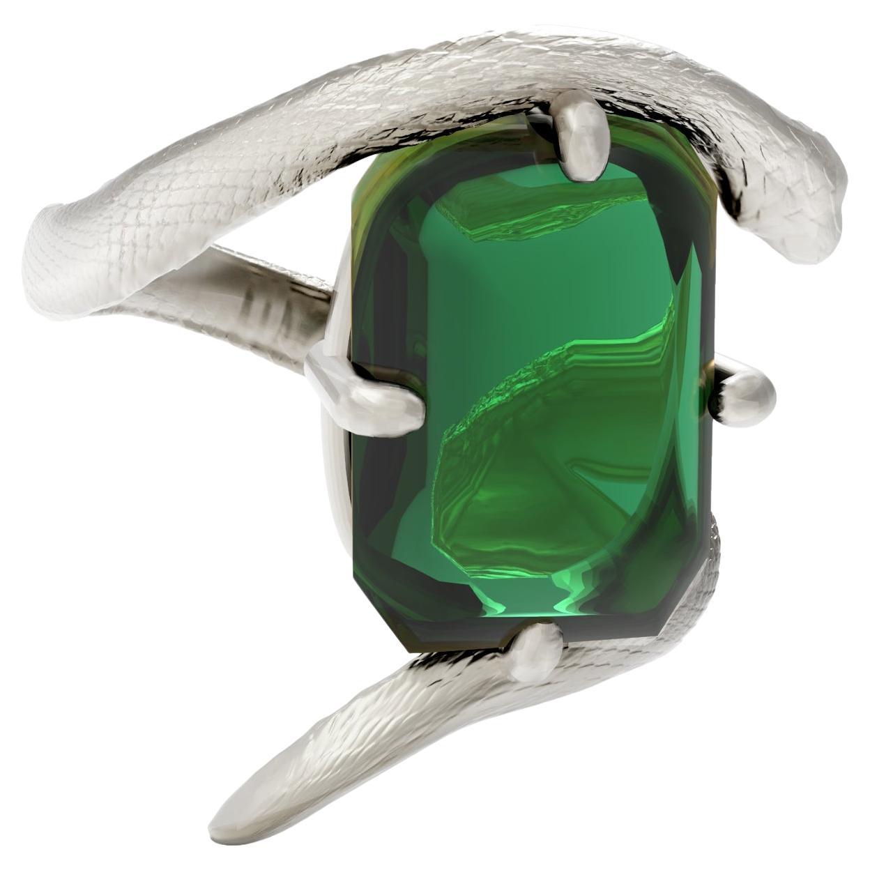 White Gold Contemporary Engagement Ring with Natural Green Tourmaline