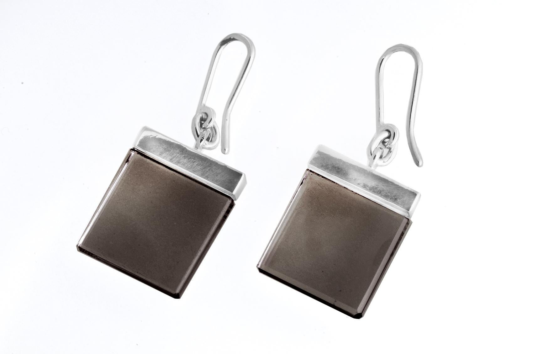 Cabochon White Gold Contemporary Ink Earrings by Artist with Dark Smoky Quartz For Sale