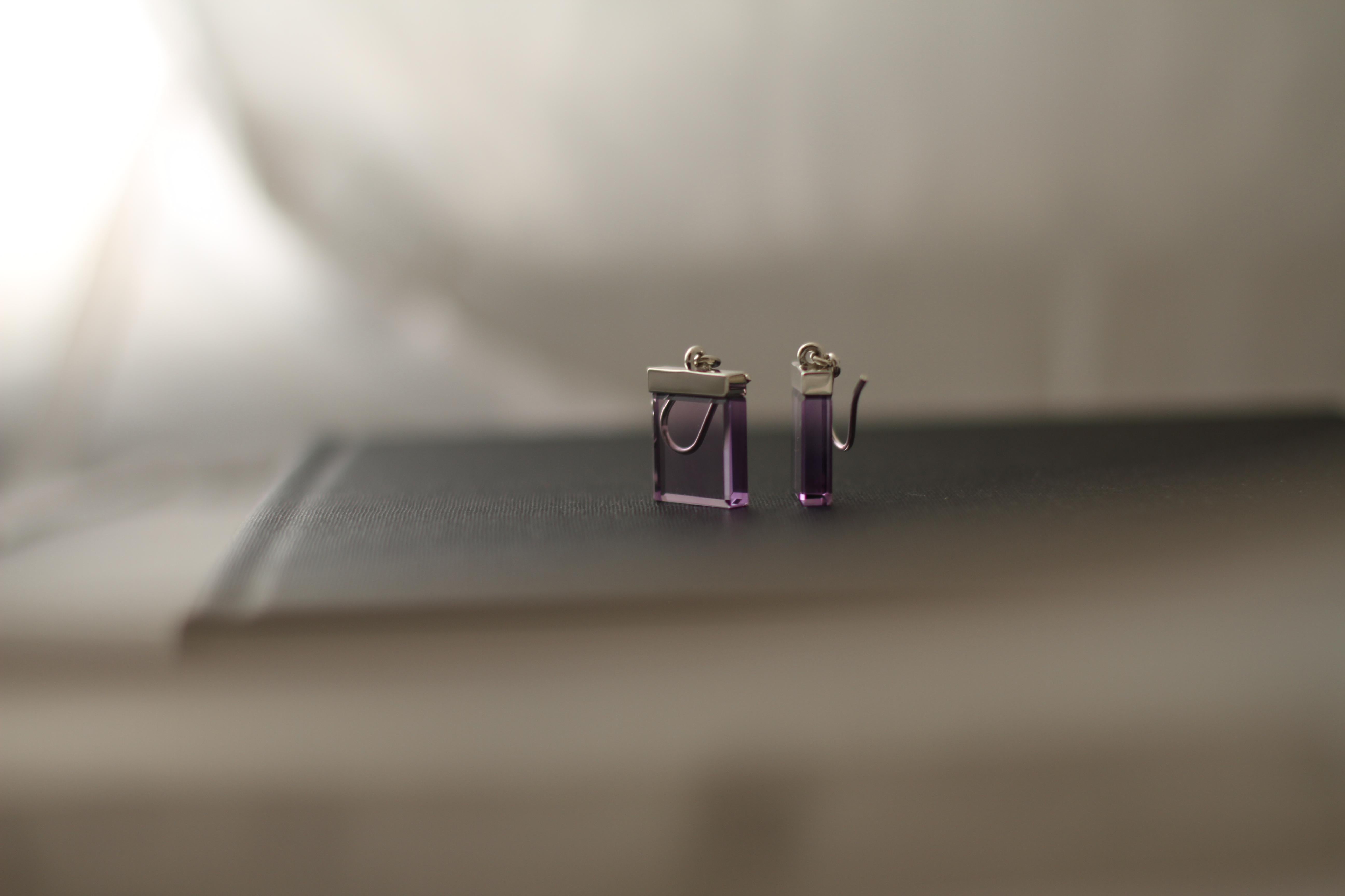 White Gold Contemporary Ink Earrings by Artist with Dark Smoky Quartz For Sale 4