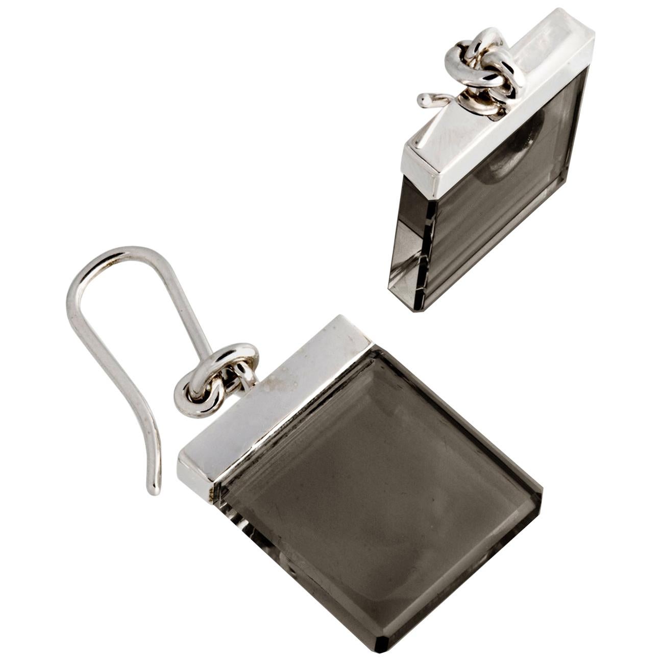 White Gold Contemporary Ink Earrings by Artist with Dark Smoky Quartz