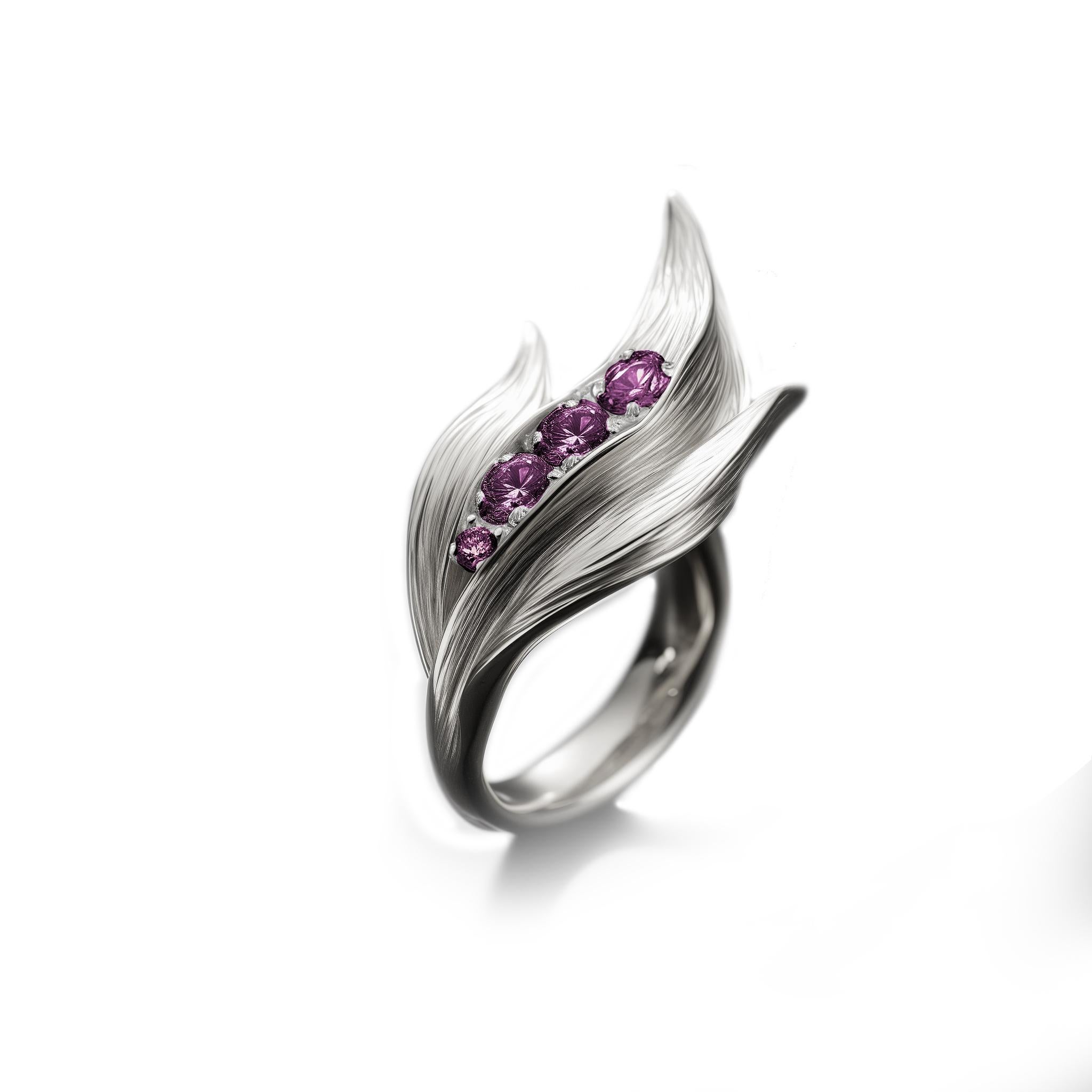 Round Cut White Gold Contemporary Lily of The Valley Ring with Purple Sapphires For Sale