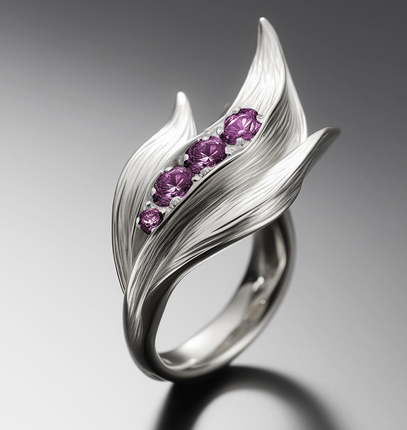 White Gold Contemporary Lily of The Valley Ring with Purple Sapphires In New Condition For Sale In Berlin, DE